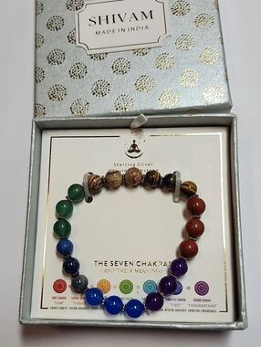 Shivam Sterling Silver Seven Chakra Beaded Stretch Bracelet Genuine Gemstones